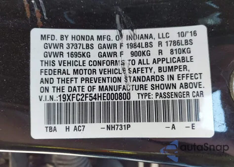 2017 Honda Civic Lx z USA, uszkodzony, nr VIN 19XFC2F54HE000800